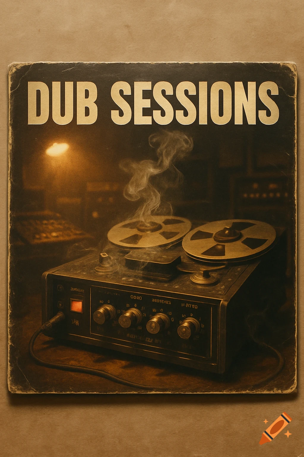 A retro album cover for 'DUB SESSIONS' features a vintage tape recorder emitting smoke in a dimly lit studio.