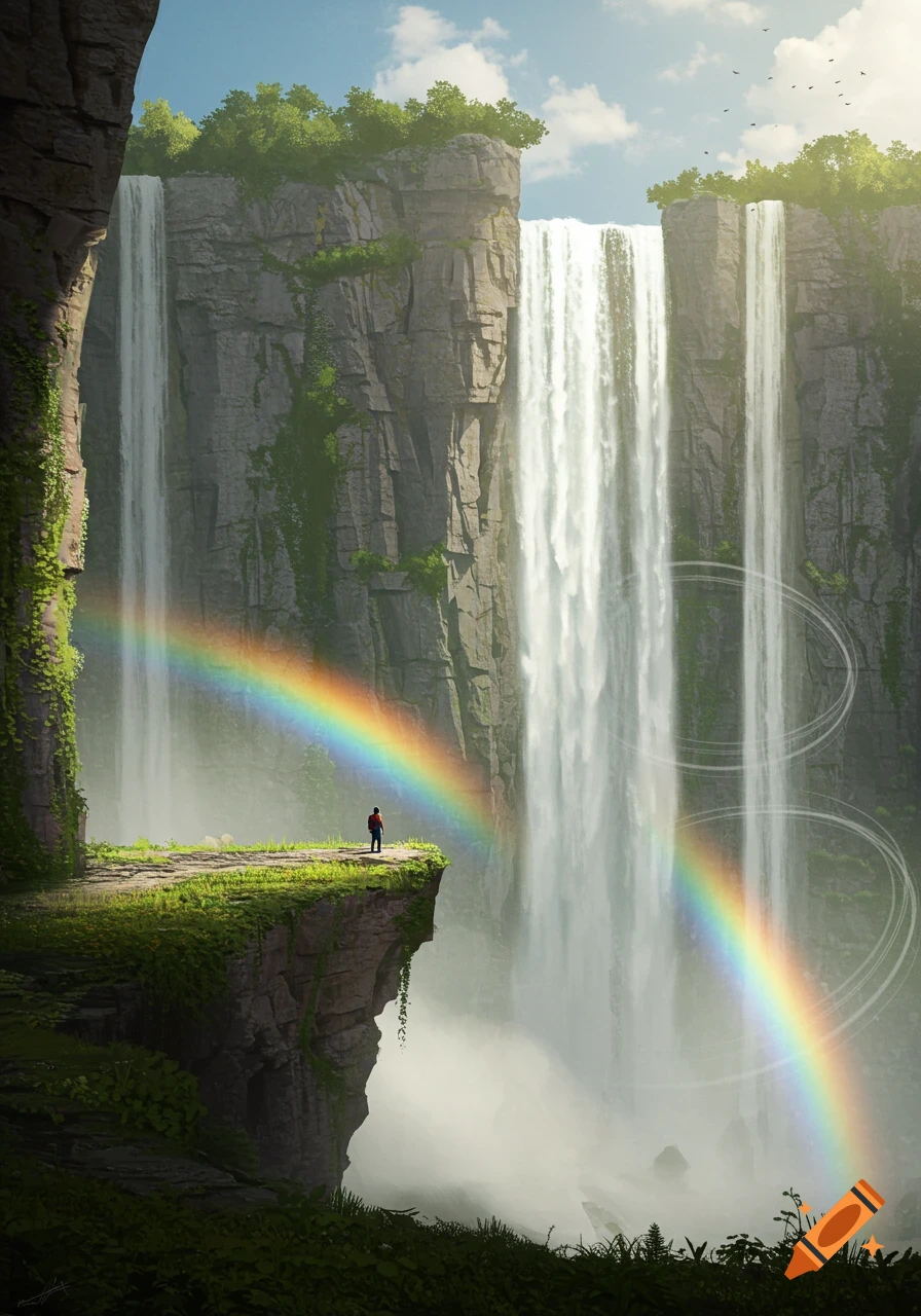 A person stands on a grassy cliff overlooking huge waterfalls and a bright rainbow in a majestic natural landscape.