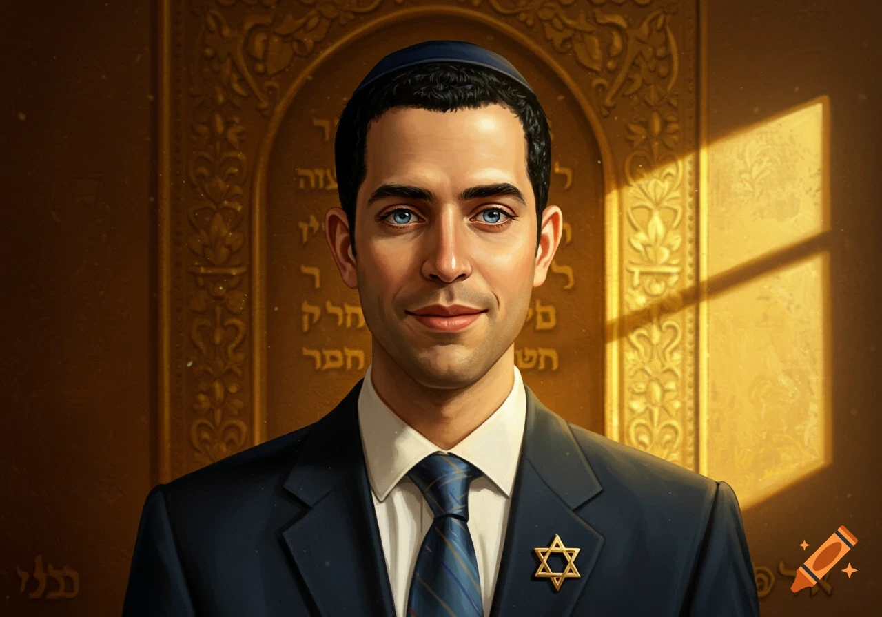 A portrait of a Jewish man with blue eyes, wearing a yarmulke, a dark suit with a tie, and a Star of David pin, against a golden ornate background.