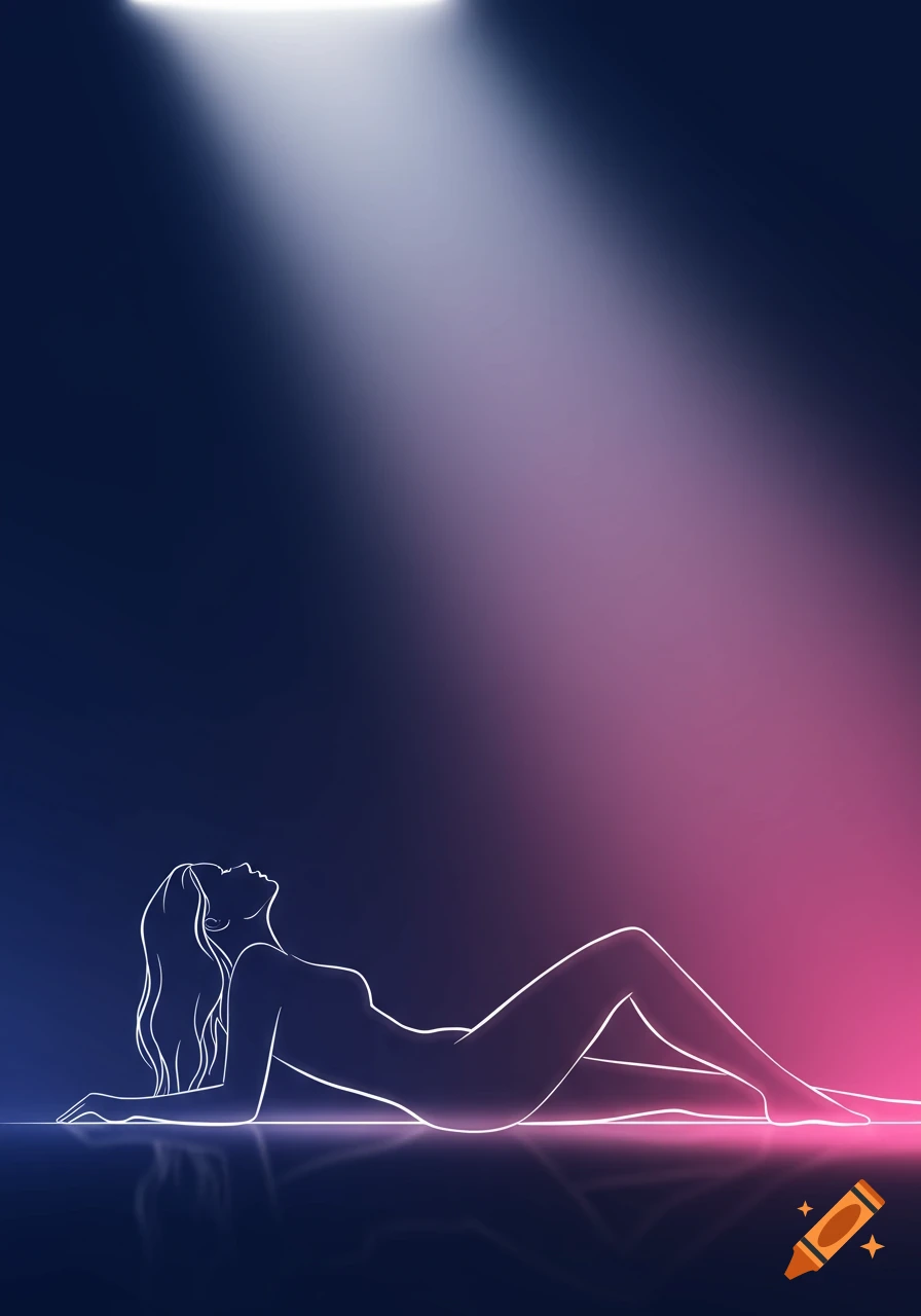 A glowing white silhouette of a woman lying down, looking up at a bright spotlight, against a dark blue and pink gradient background.