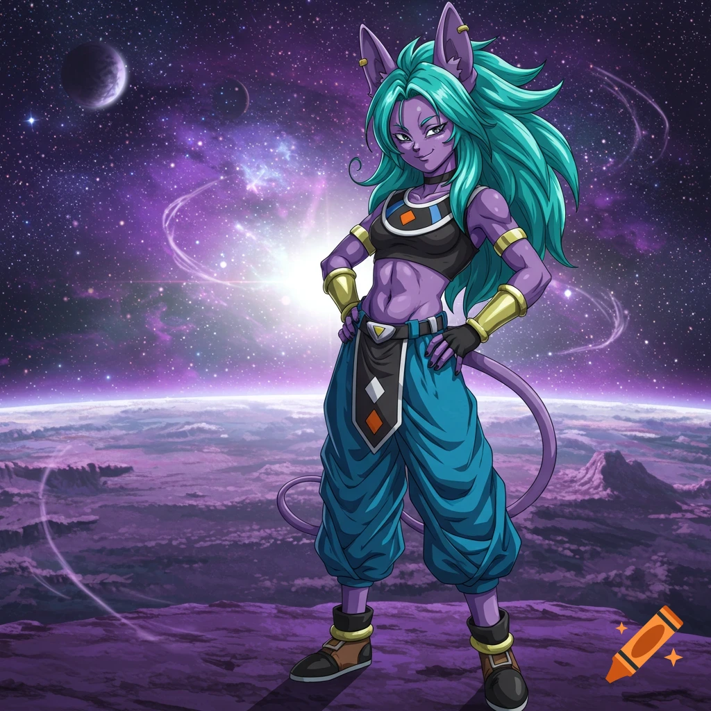 Purple-skinned, cat-eared anime character with teal hair and a midriff top stands on a purple planet in space.