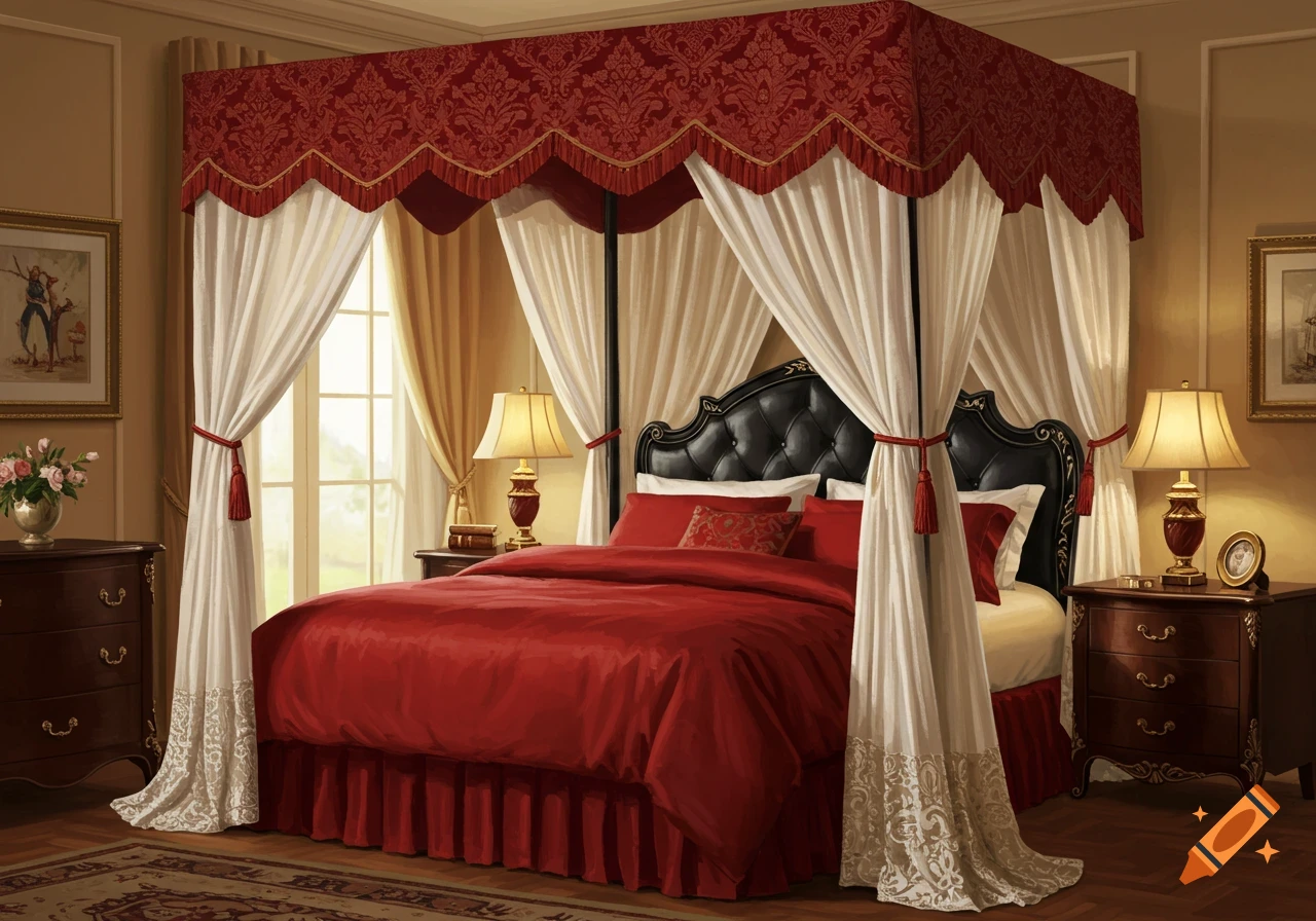 A luxurious bedroom with a four-poster bed, red bedding, a black tufted headboard, red damask canopy, white lace curtains, and elegant dark wood furniture.