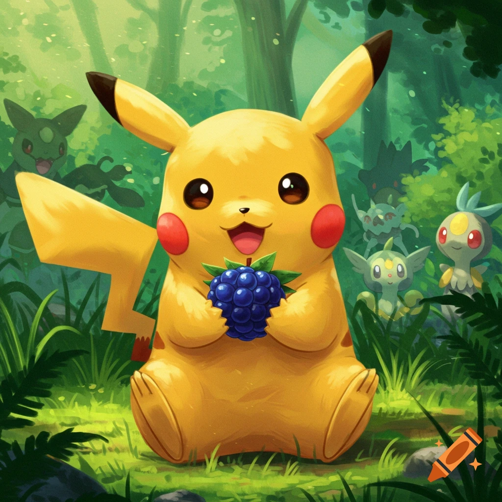 Pikachu holds a blue berry in a lush green forest, with other Pokemon partially visible in the background.