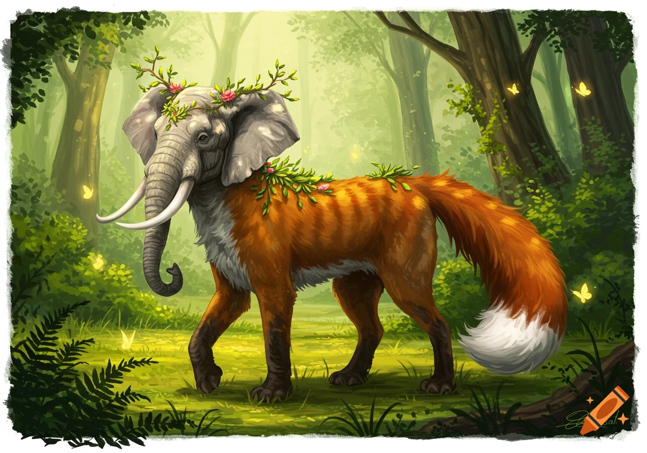 An elephant-headed, fox-bodied creature, adorned with vines and pink flowers, walks through a sunlit forest. Illustrated.