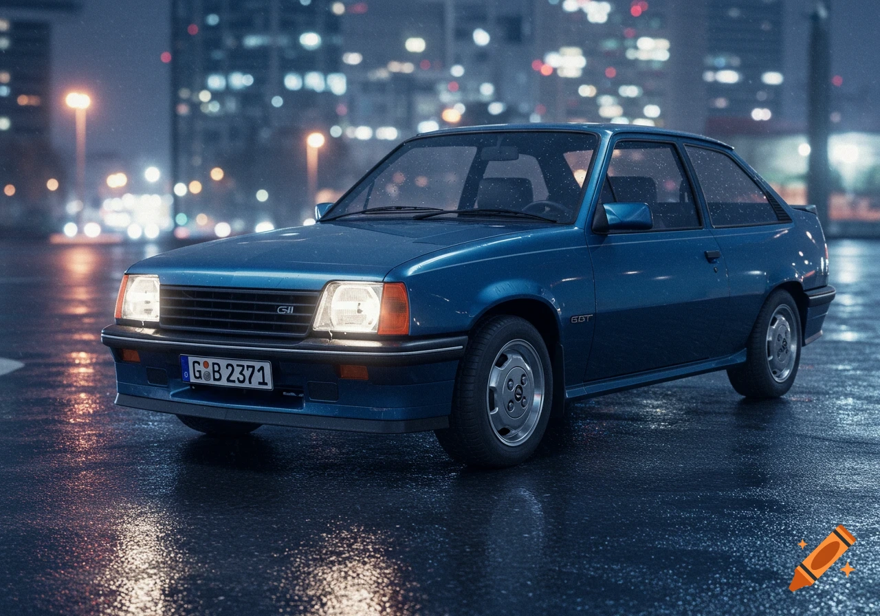 A blue Opel Kadett car on a wet city street at night, with blurred lights in the background, in a photorealistic style.