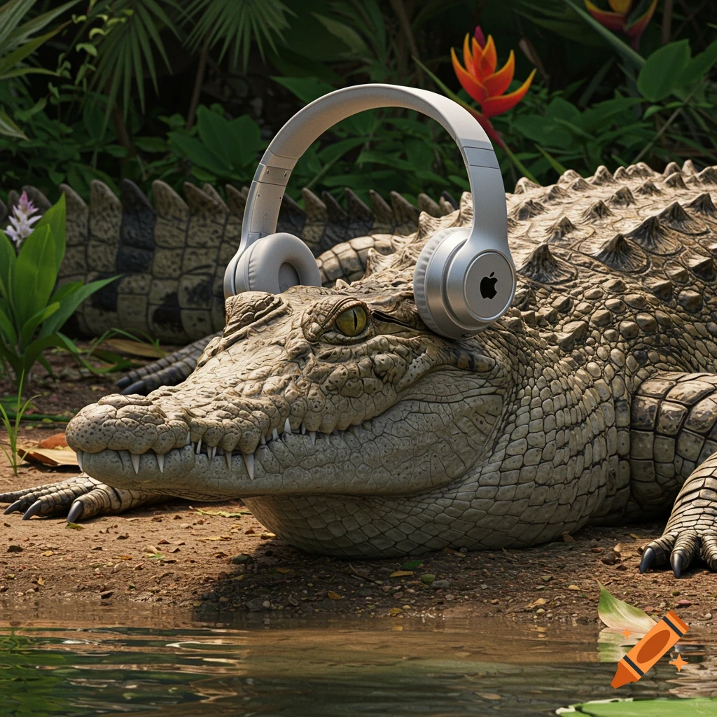 A photorealistic crocodile wearing white Apple headphones lies by a body of water in a lush jungle setting.