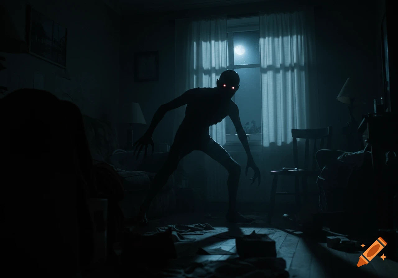 A monstrous, silhouetted creature with glowing red eyes stands in a dark room, illuminated by a full moon through a window.