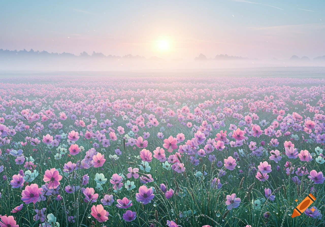 A vast field of pink and purple cosmos flowers, covered in dewdrops, glows with pastel iridescent light under a misty sunrise sky.