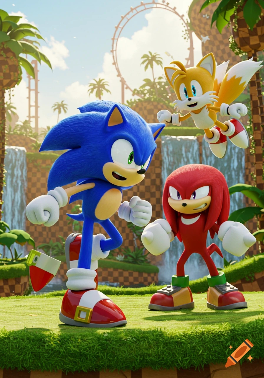 Sonic, Tails, and Knuckles stand ready in the vibrant Green Hill Zone, with waterfalls and palm trees in the background.