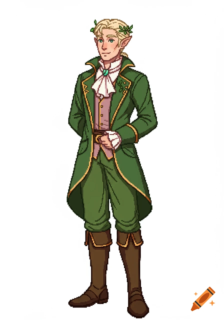 Full-body pixel art of a blonde elf man with pointed ears, wearing a green and gold regal outfit, a leaf crown, and brown boots.