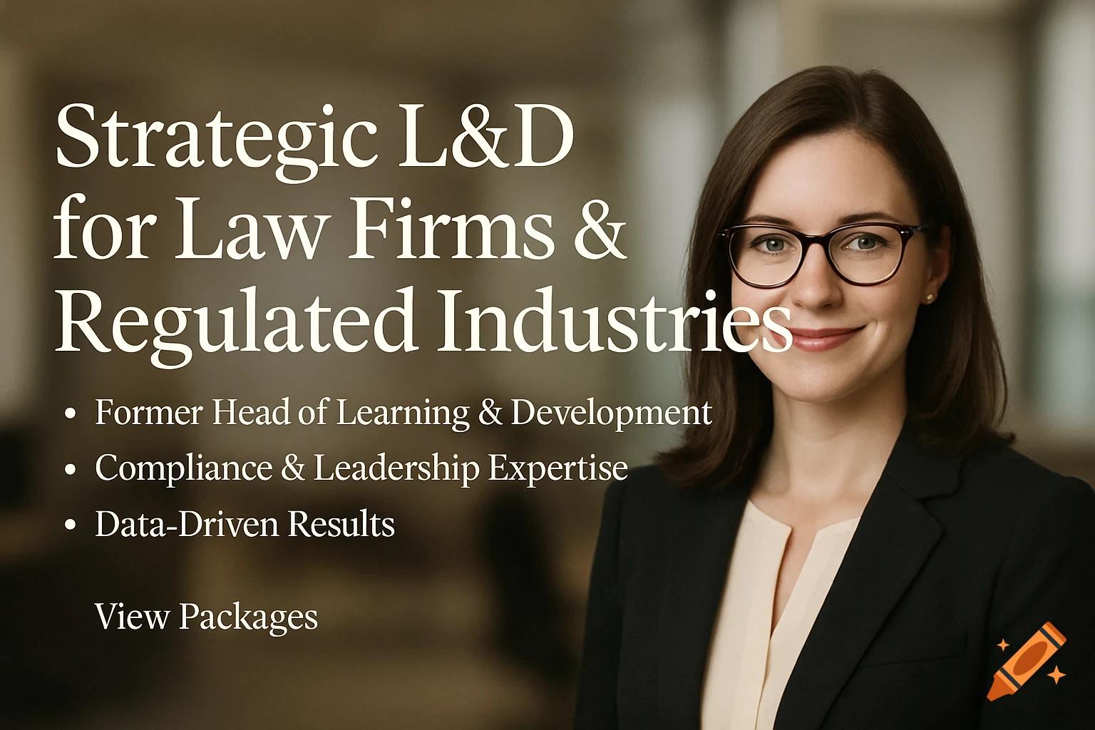 A smiling professional woman wearing glasses in a blazer next to text about strategic L&D for law firms.