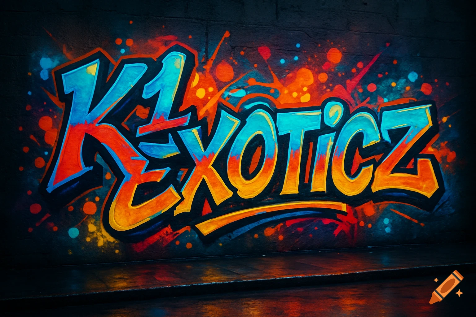 Colorful graffiti spelling "K1 Exoticz" on a dark wall, with vibrant red, blue, and orange letters and paint splatters.