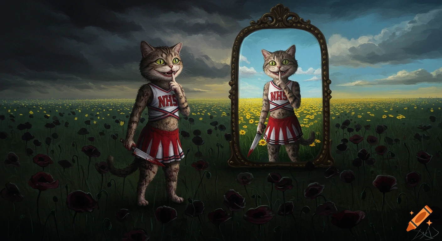 A surreal painting of a creepy cat cheerleader with a bloody knife in a dark poppy field, reflected as cheerful in a sunny daisy field.