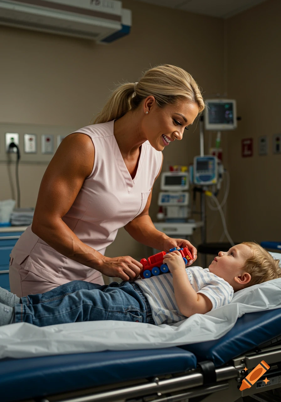 A blonde pediatric nurse in pink scrubs smiles at a child patient lying on a hospital stretcher, playing with a red toy train.