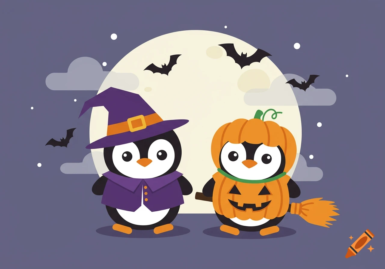 Two cute cartoon penguins in Halloween costumes, one a witch and the other a pumpkin with a broom, stand before a full moon and bats.