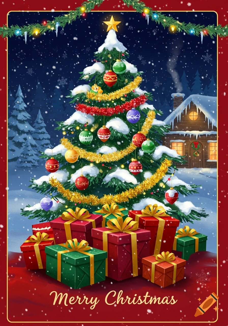 A festive Christmas illustration showing a decorated tree, wrapped gifts, a snowy cabin, and 'Merry Christmas' text at night.