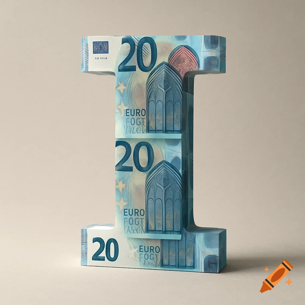 A stylized 3D letter 'I' standing upright, composed entirely of light blue 20 Euro banknotes, on a plain beige background.
