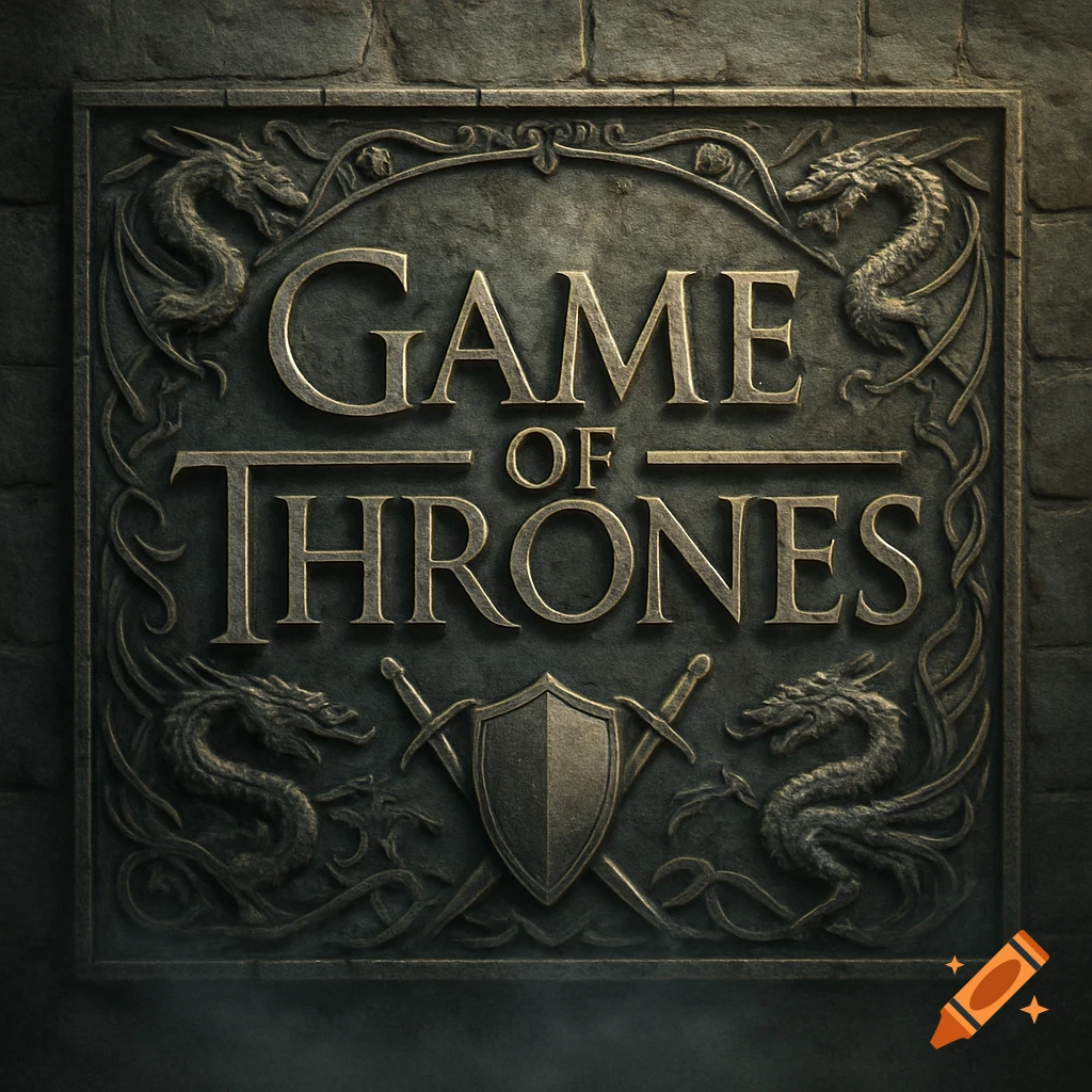 A stone plaque with 'GAME OF THRONES' carved in gold lettering, surrounded by dragons, swords, and a shield.