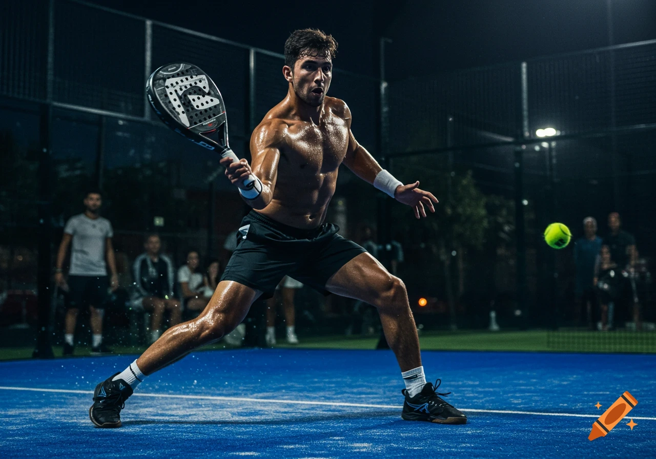 A muscular man shirtless, lunges to hit a tennis ball with a racket on a blue padel court at night.