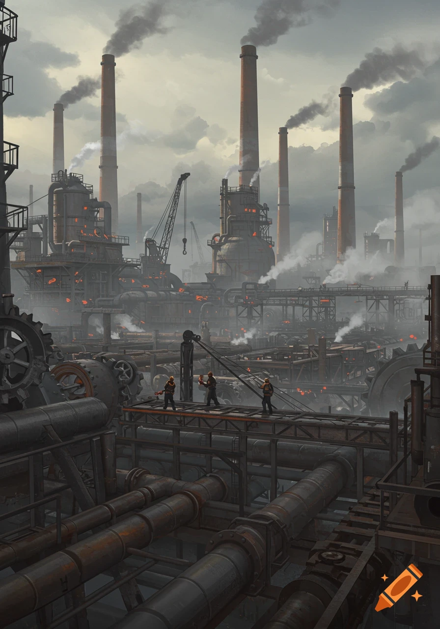 Vast industrial factory complex with smoking smokestacks, intricate pipes, glowing furnaces, and small workers on platforms.