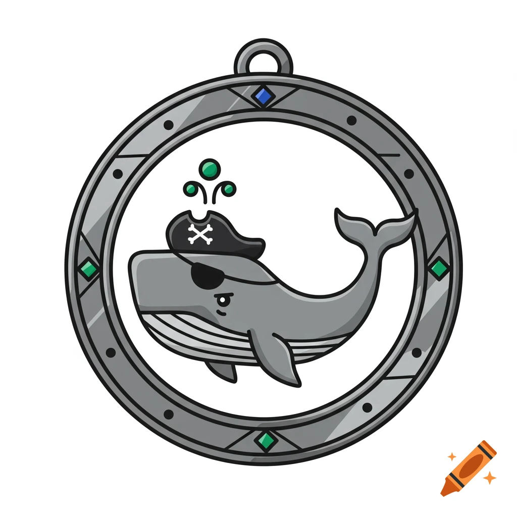 Cartoon pirate whale with an eye patch and hat, spouting green bubbles, inside a simple metal medallion.