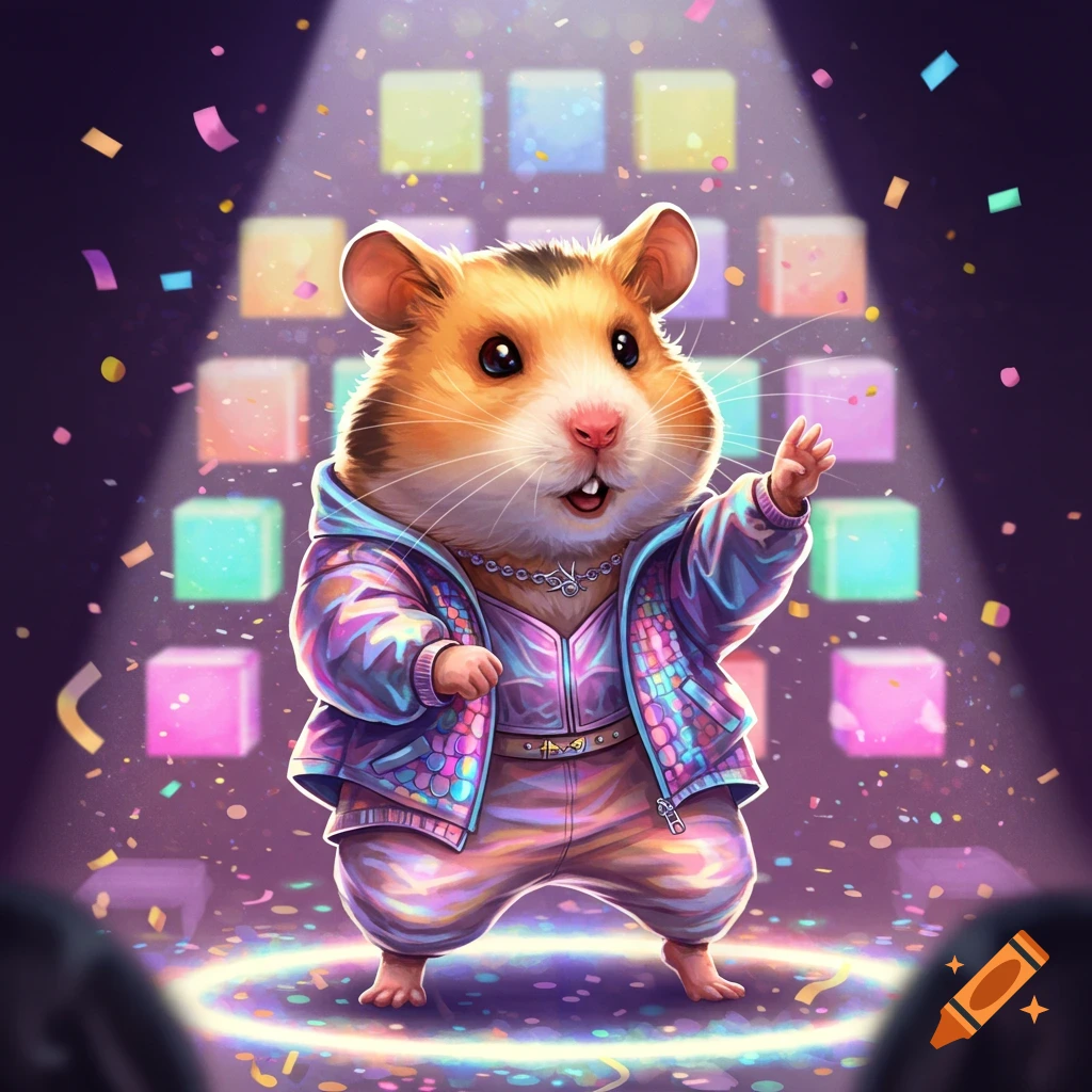 A cute, fluffy hamster wearing a shiny K-pop jacket and pants dances in a spotlight on a stage with colorful confetti falling around it.