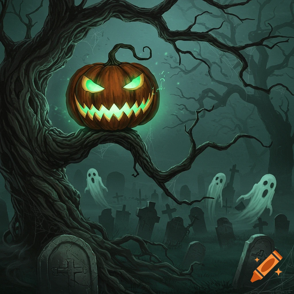 An eerie Halloween illustration features a glowing jack-o'-lantern on a gnarled tree branch in a graveyard with spooky ghosts.