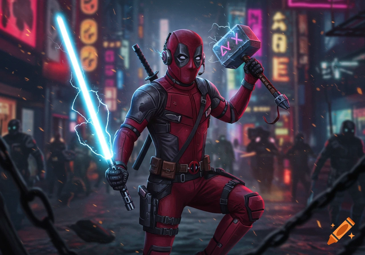 Deadpool in a red and black suit, wearing a headset, holds a glowing blue lightsaber and an electric hammer against a neon cyberpunk city background.