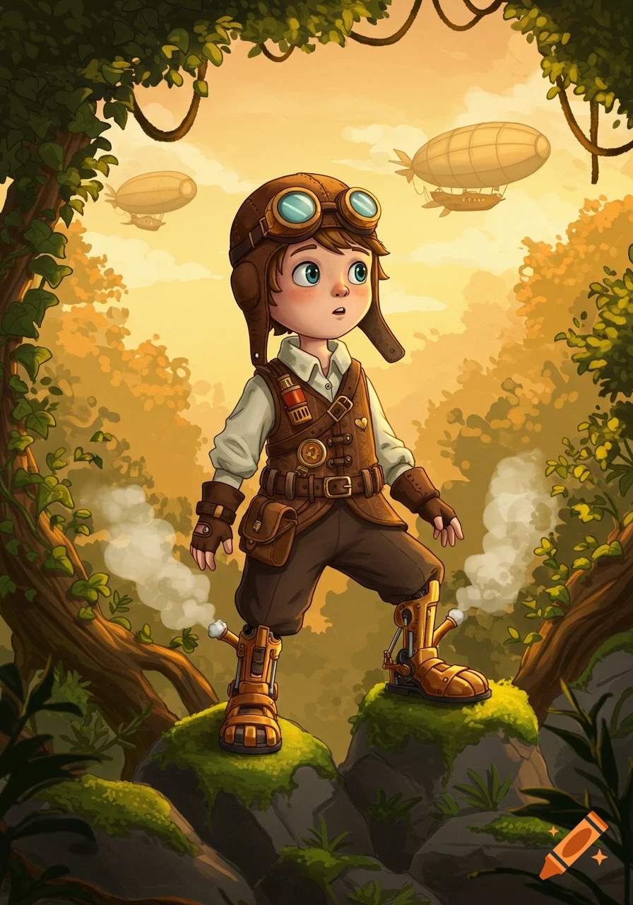 A cartoon boy in a steampunk aviator outfit stands on mossy rocks in a forest, looking up at airships in the sky.