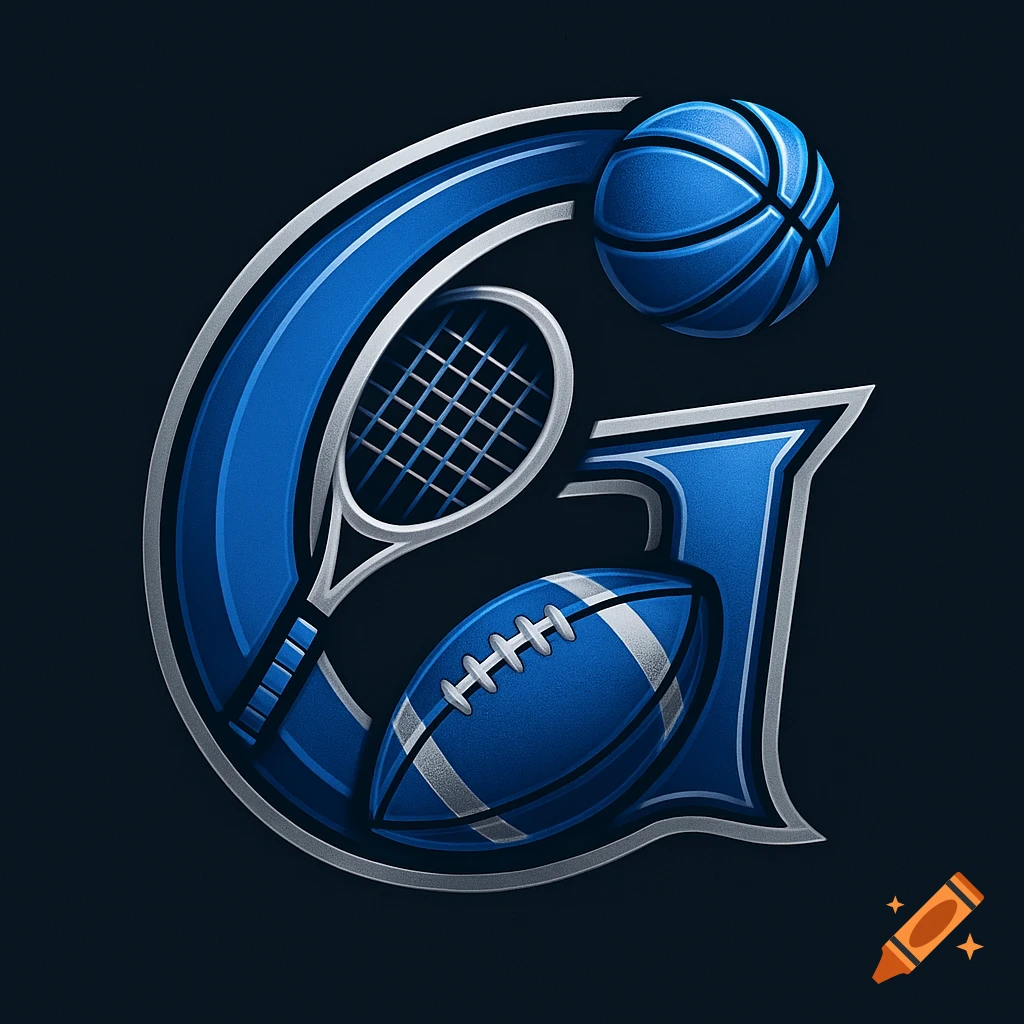 A blue and silver stylized letter G logo with a tennis racket, football, and basketball integrated into its design.