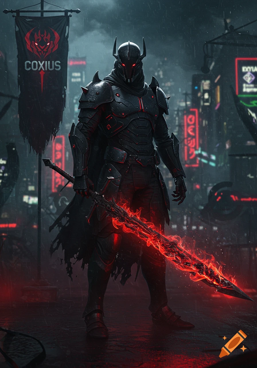 A dark, futuristic cyber knight in black armor with glowing red eyes stands in a rainy cyberpunk city, holding a flaming red sword.