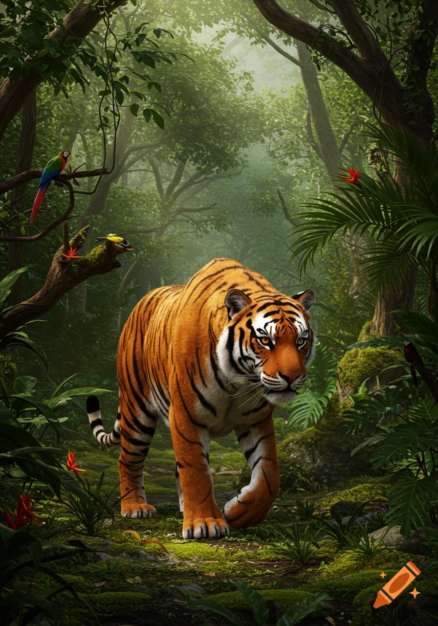 A photorealistic tiger walks through a dense, lush green jungle with birds perched on branches.