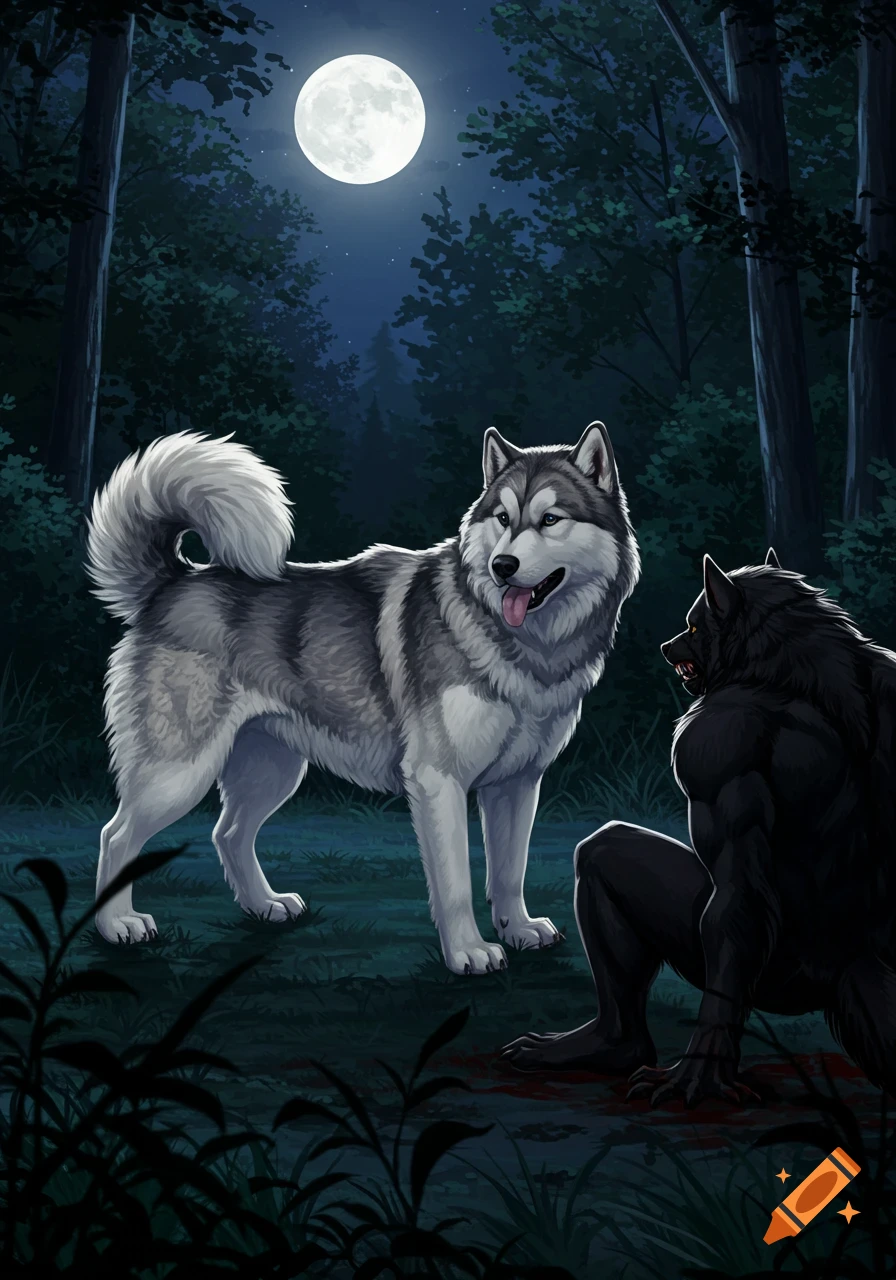 A fluffy husky faces a snarling black werewolf in a dark forest under a full moon. Blood is on the ground near the werewolf.