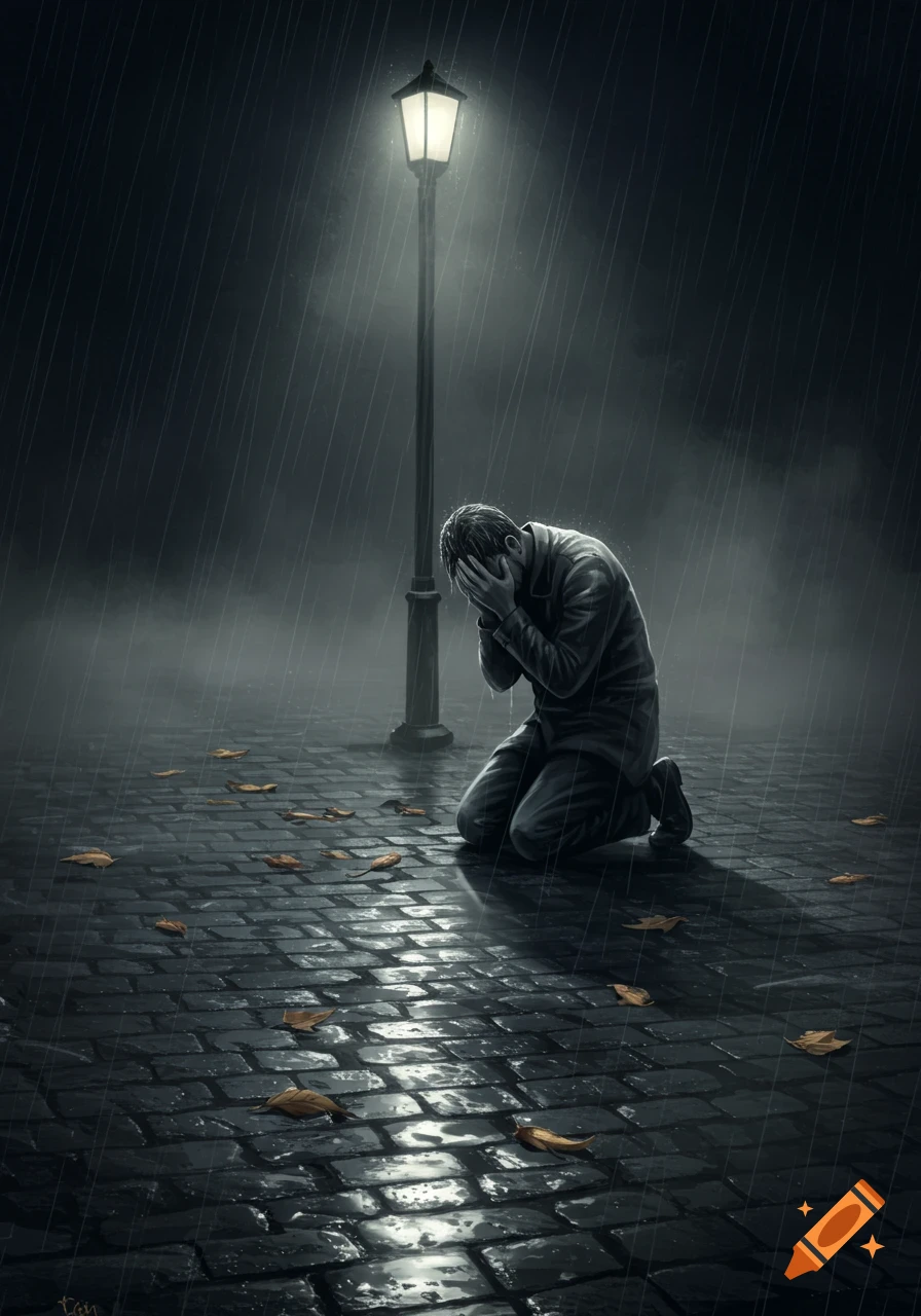 A man kneels crying in the rain on a wet cobblestone street under a lamppost. Dark, atmospheric illustration.