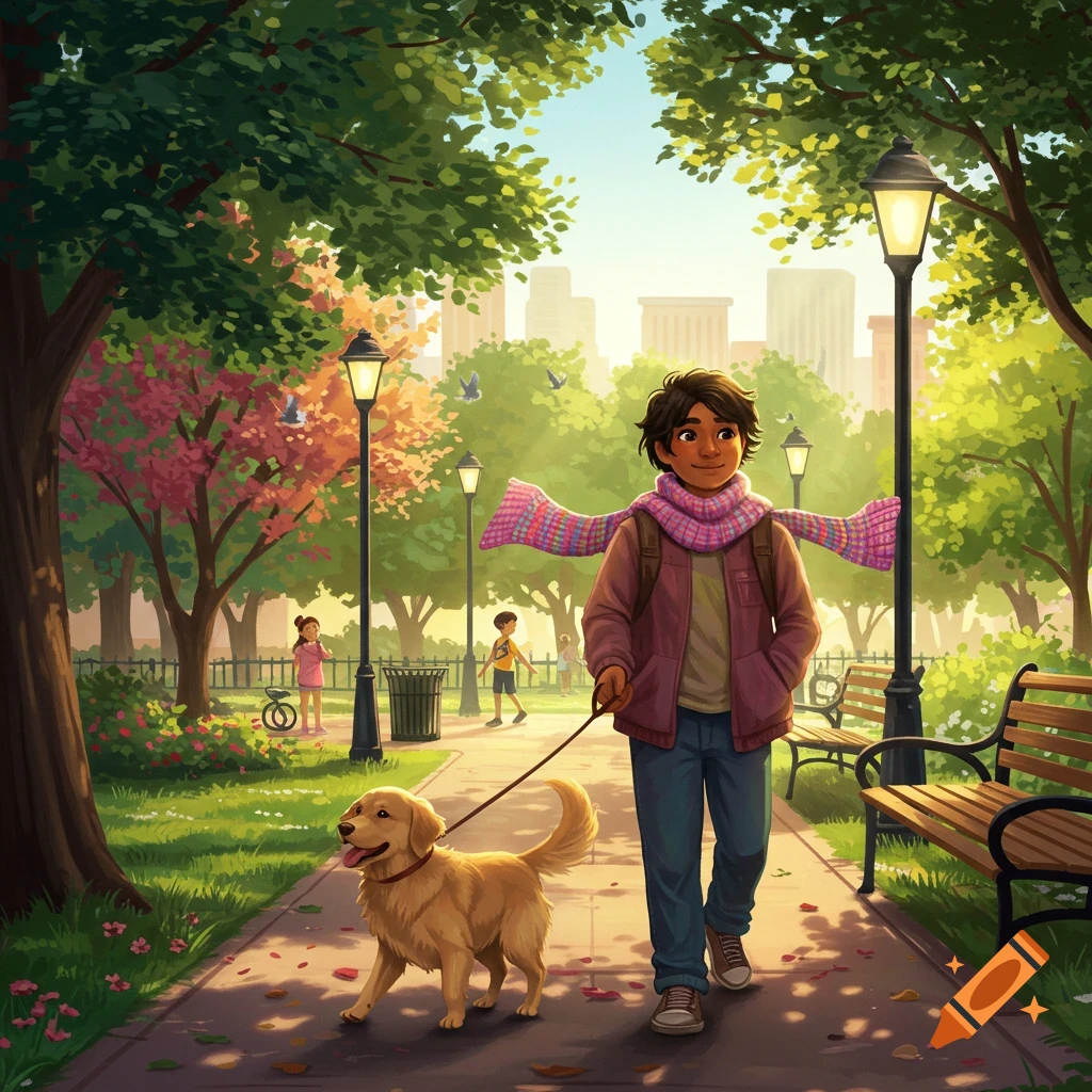 A smiling person walks a golden retriever on a leash through a vibrant, cartoonish park.