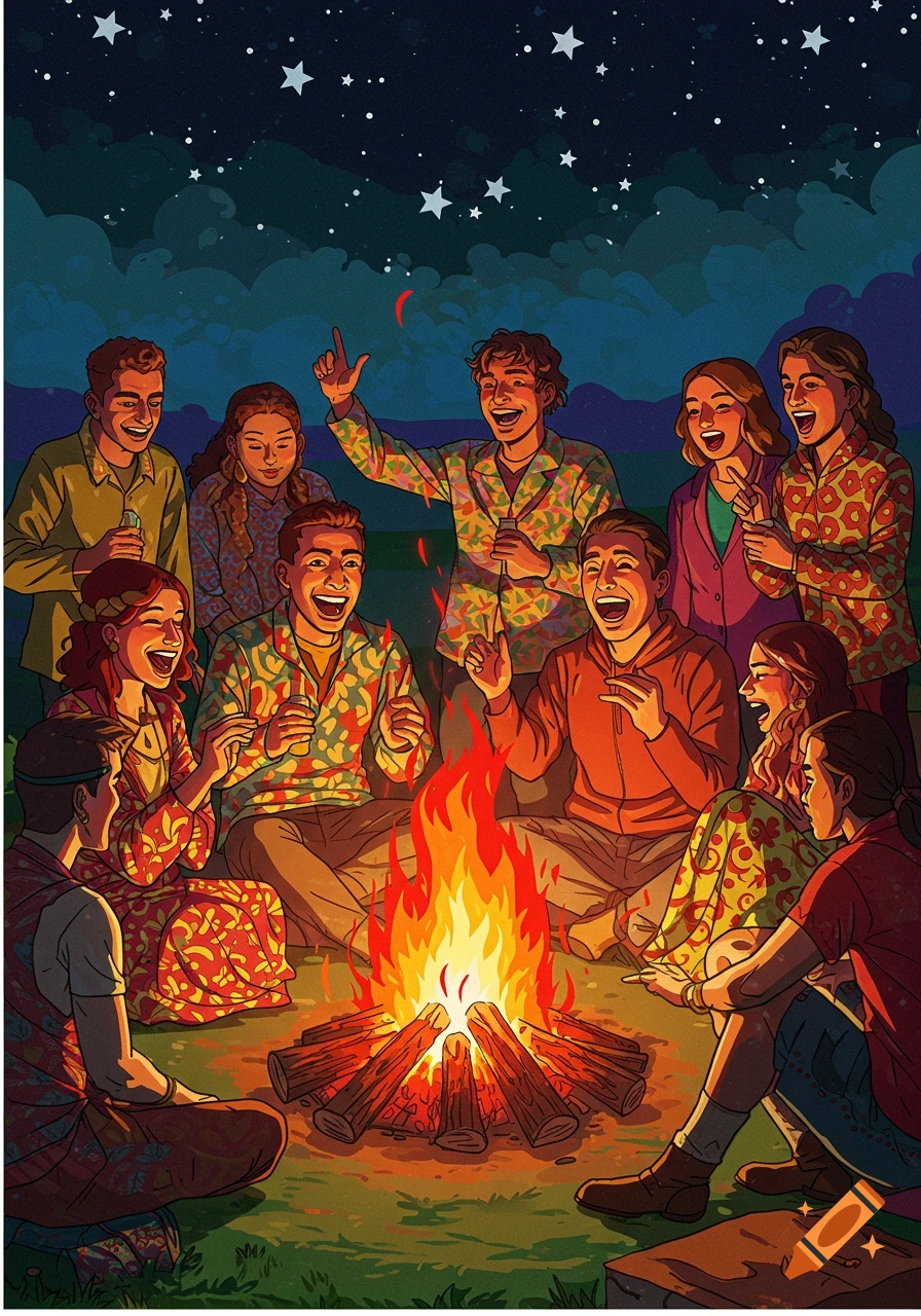 A group of people laugh and chat around a vibrant campfire under a starry night sky, in a pop art style.