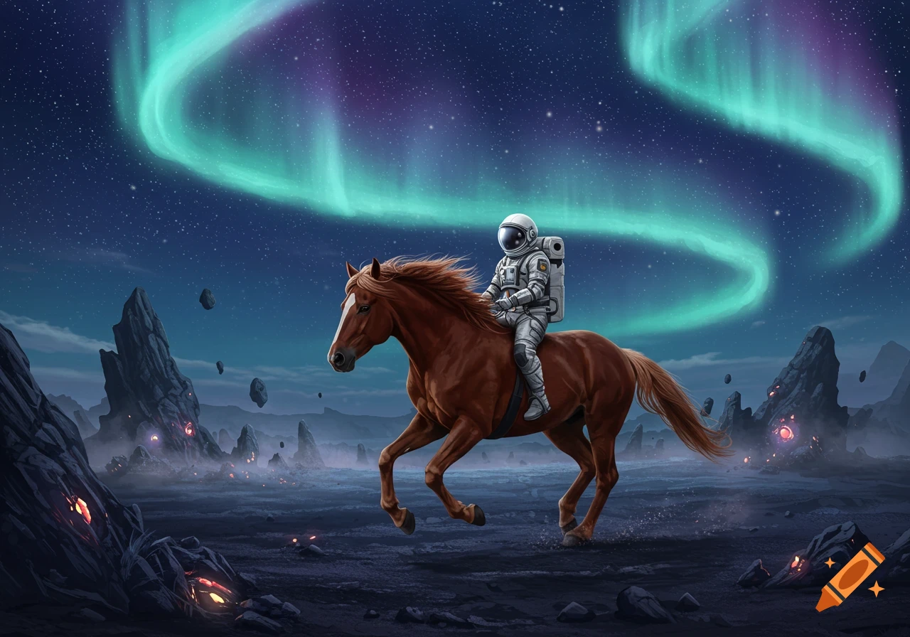 An astronaut rides a brown horse across a rocky alien landscape under a starry sky with a green and purple aurora borealis.