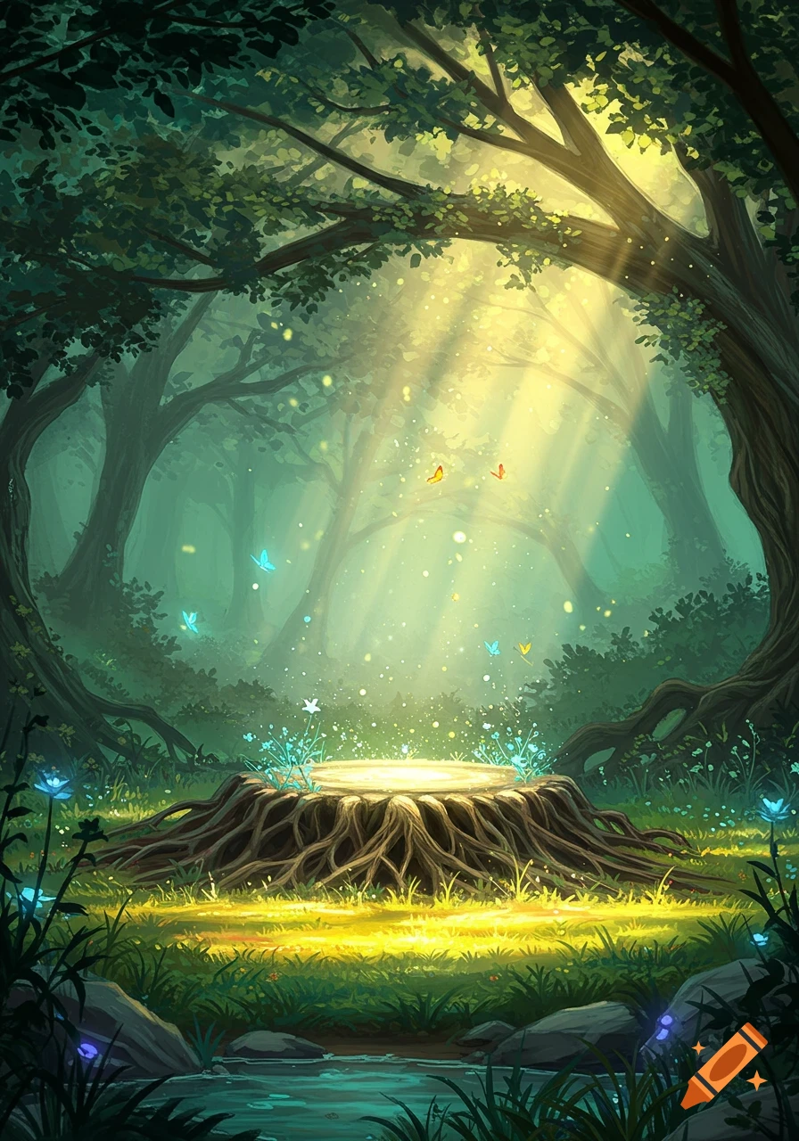 A magical forest clearing with sunrays illuminating a glowing tree stump, ethereal flowers, butterflies, and a stream.