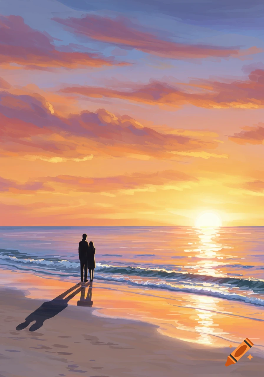 A silhouetted couple stands on a beach, holding hands and gazing at a vibrant orange and purple sunset over a calm sea, in a stylized painting.