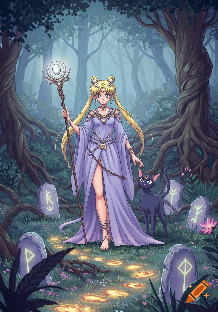 Sailor Moon as a druid, holding a staff, stands with Luna the cat in a mystical forest with glowing runestones, in an anime style.