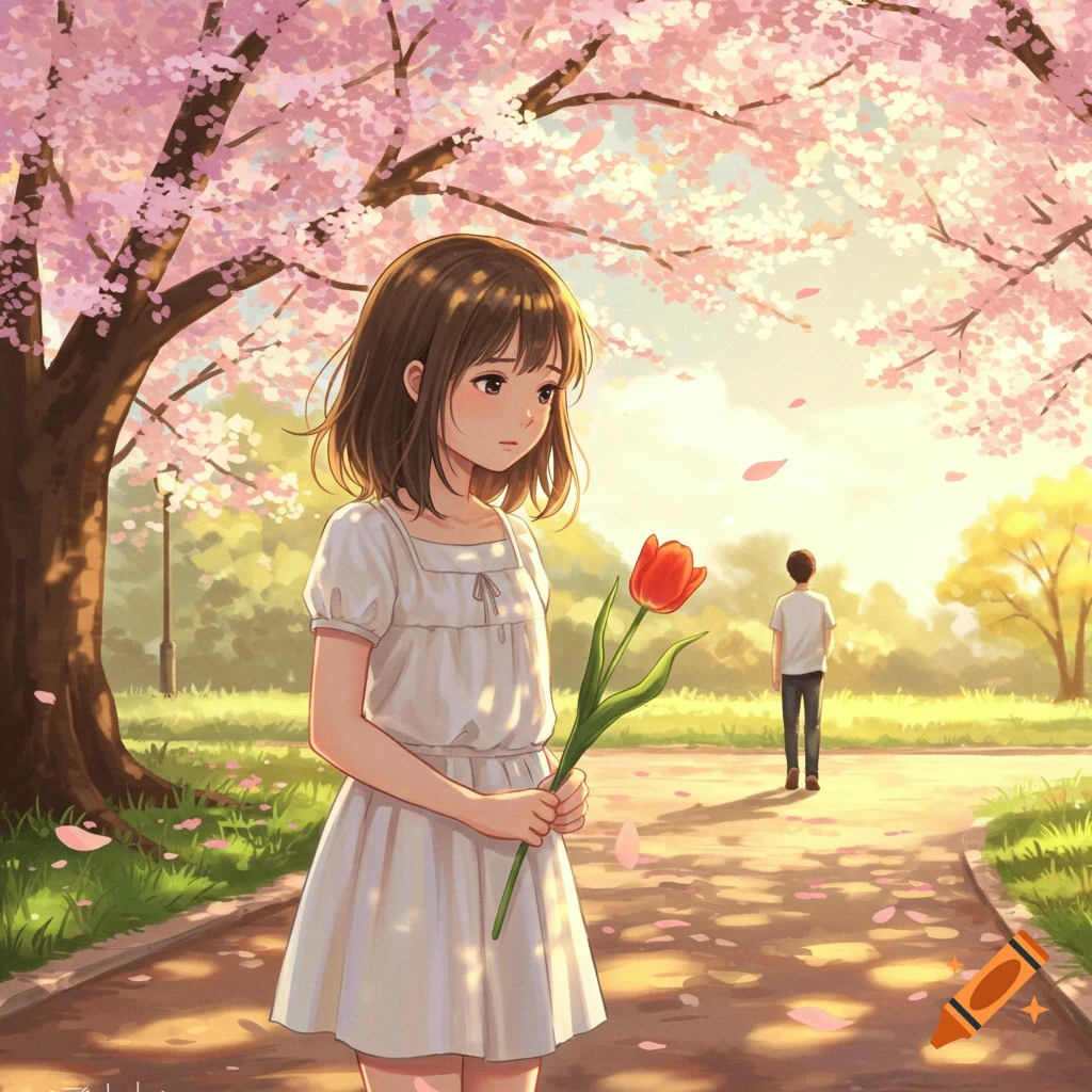 Anime girl in a white dress holding a red tulip in a park with cherry blossoms, looking sad as a boy walks away in the background.