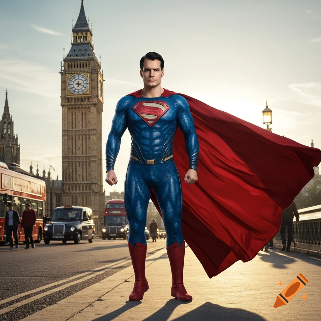 A photorealistic image of Superman, portrayed by Henry Cavill, standing on a bridge in London with Big Ben in the background.