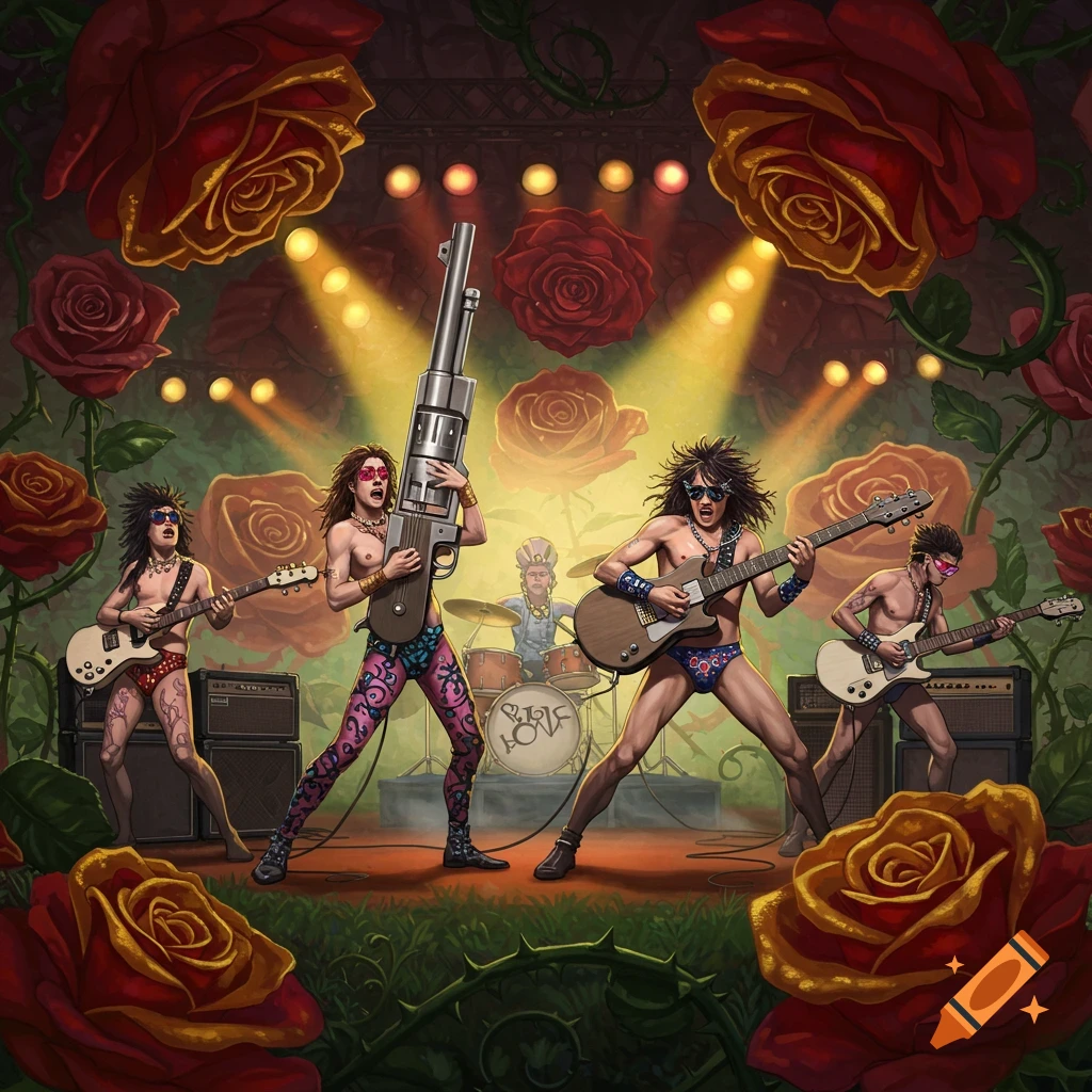 A glam rock band performs on stage with guitarists in speedos and a singer holding a massive revolver, surrounded by red roses.