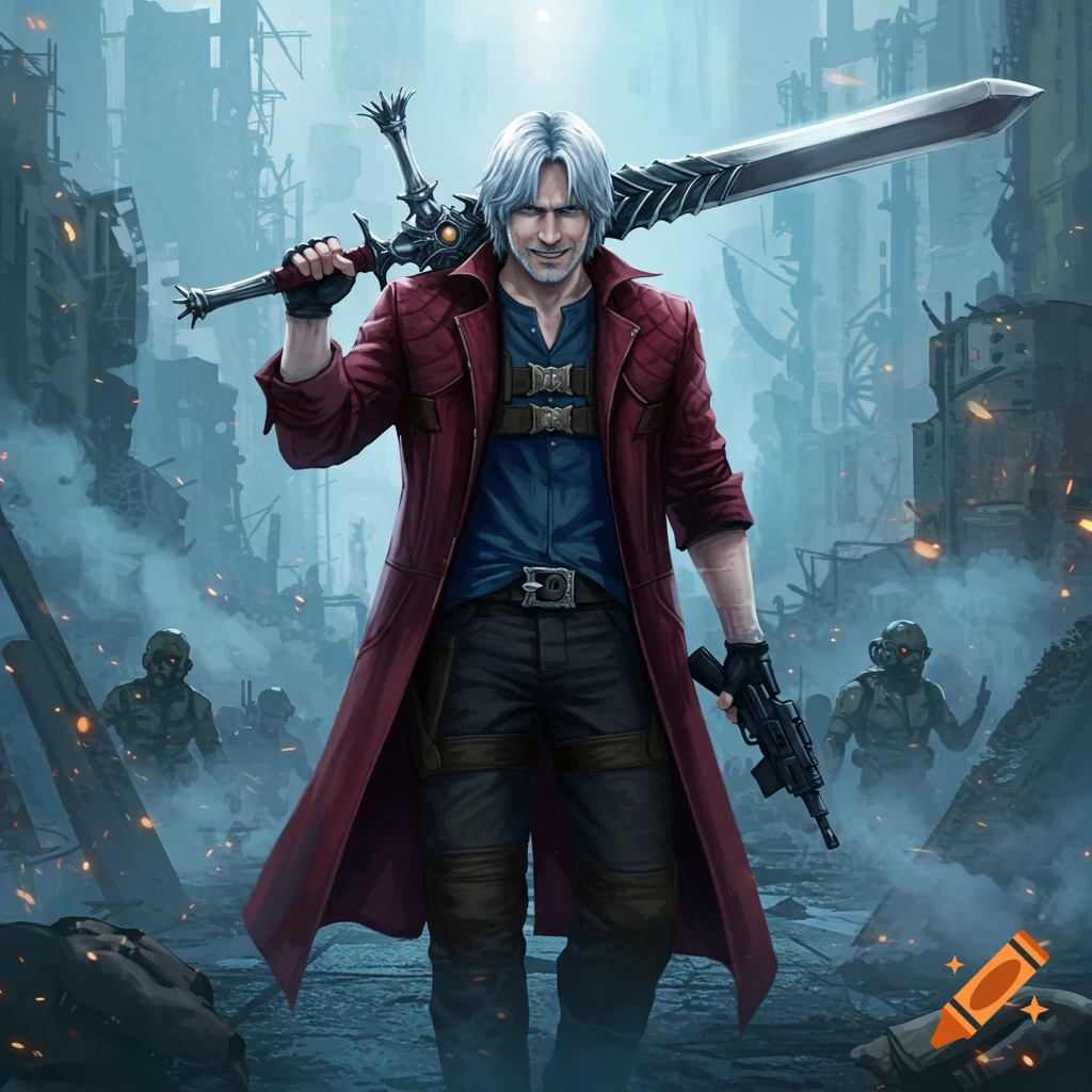 A white-haired man, Dante from Devil May Cry, in a red trench coat holds a sword and gun in a ruined city.