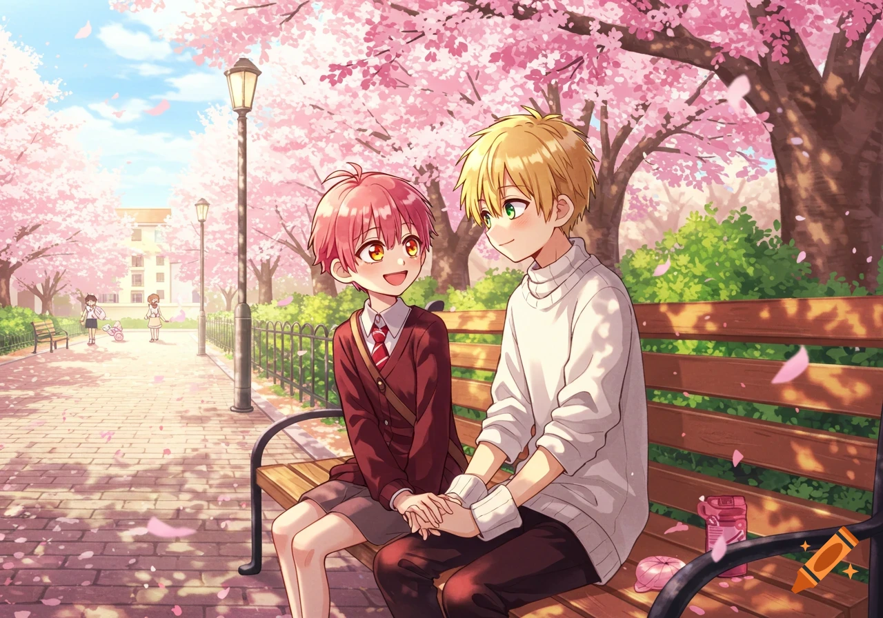 Two anime boys hold hands on a park bench under blooming cherry blossom trees on a sunny day.