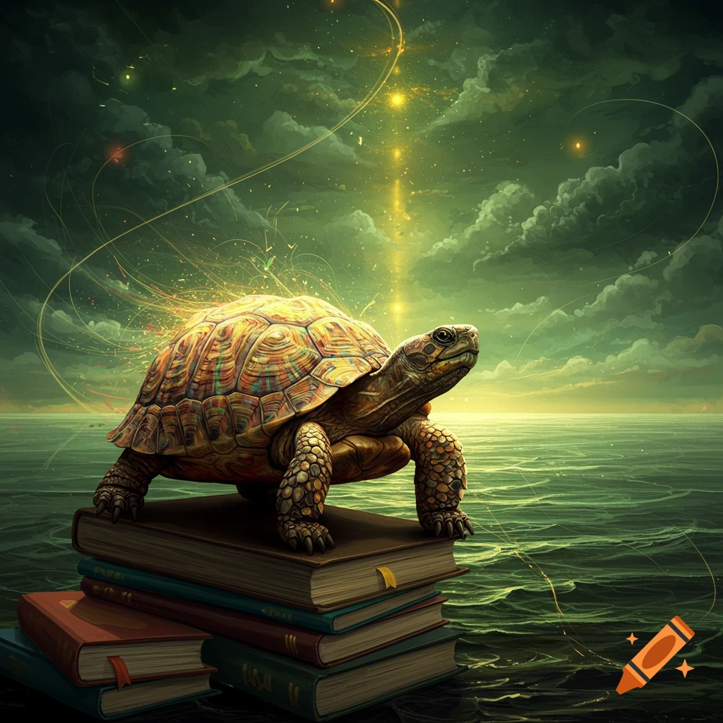 An illuminated turtle with a colorful shell stands atop a stack of old books, looking out at a vast, green, cloudy ocean under a magical sky.