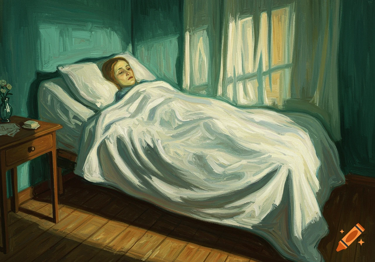 Painterly image of a woman lying in bed under white sheets in a dark room with sunlight through a window.