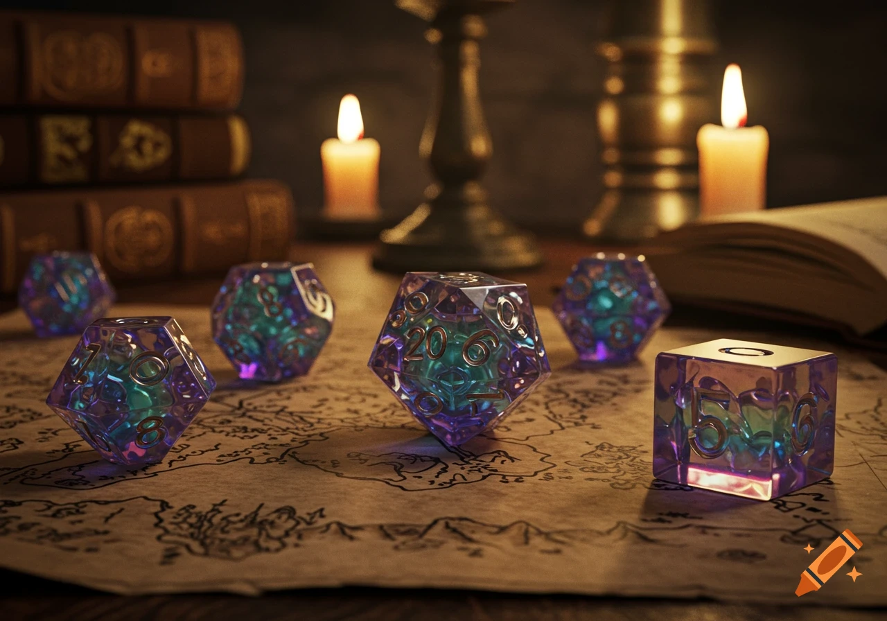 Translucent iridescent D&D dice scattered on a map, with old books and lit candles, creating a warm fantasy atmosphere.