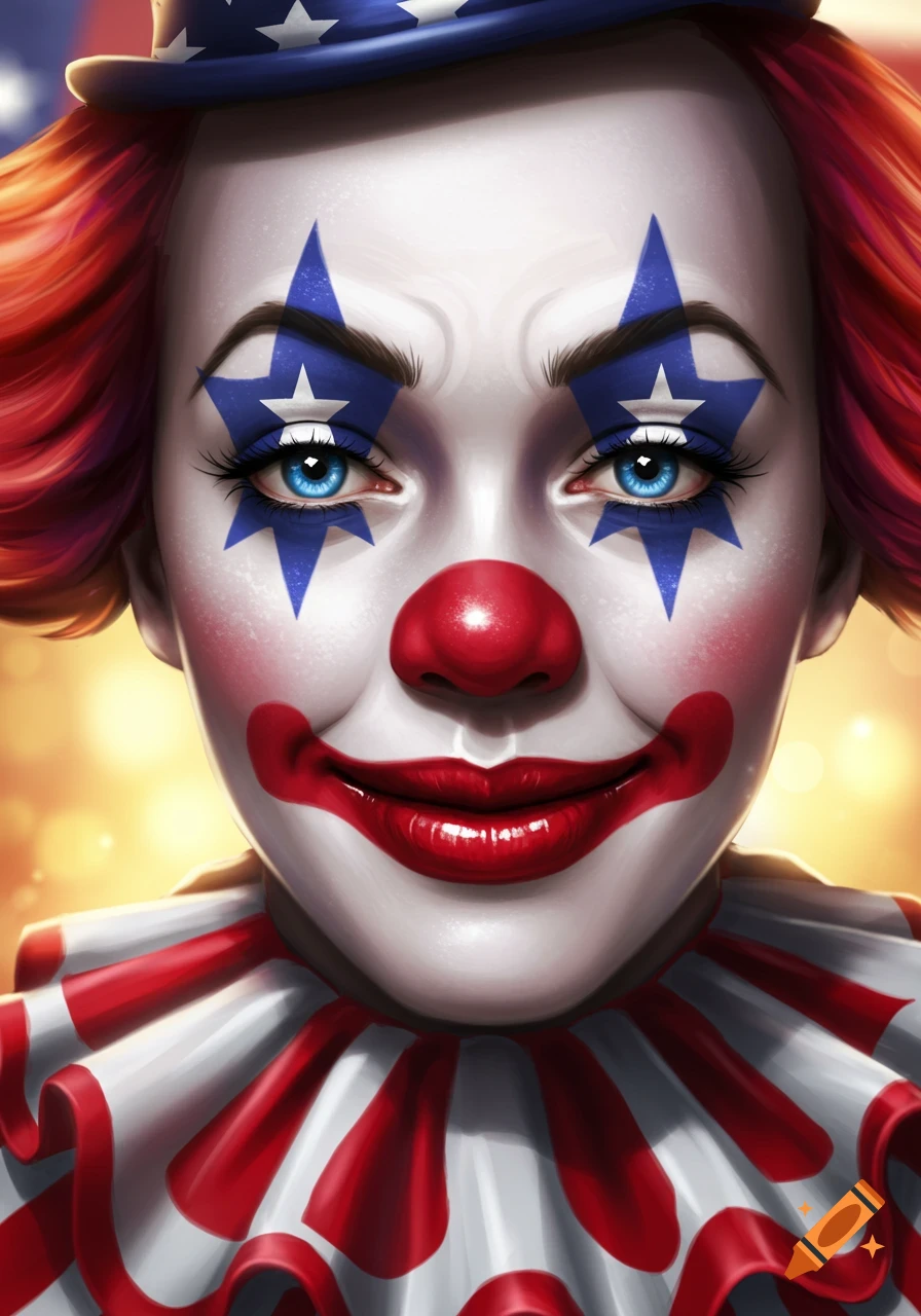 Close-up of a person with patriotic clown makeup, featuring blue star eye makeup, a red nose, and red hair, in a digital art style.