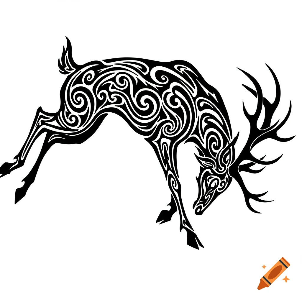 Stylized black line illustration of a deer in a dramatic falling pose with ornamental tribal patterns and exaggerated antlers.
